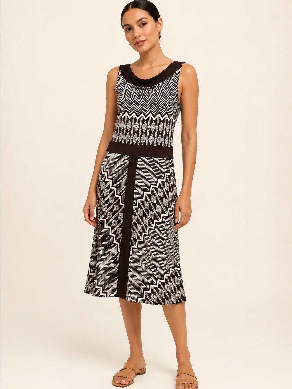 TORY BURCH Small 100% Silk Dress, Small Brown White Geometric